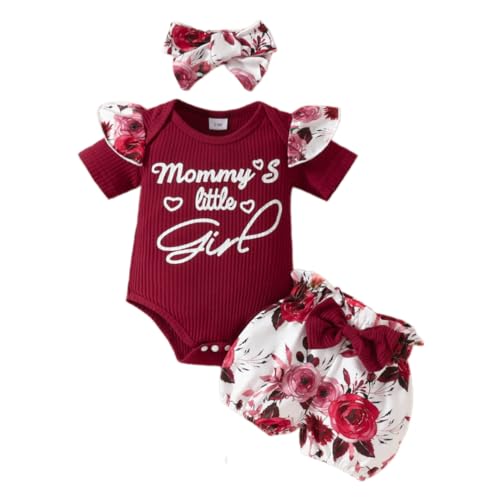 Image of Baby Girl Summer Outfits Letter Print Short Sleeve Rompers Sunflower Print Ruffles Shorts Headband 3Pcs Clothes Set (T-Red, 6-9 Months)