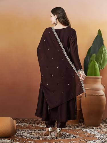 Image of MOKOSH Women's Silk Anarkali Kurta Pant with Dupatta | Anarkali Kurta Set | Embroidered | Ethnic Wear | Notch Neck Full Sleeve