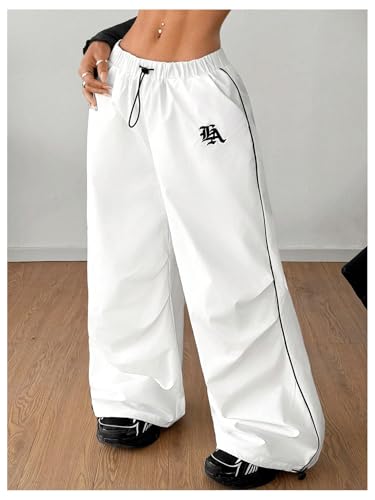 OYOANGLE Women's Contrast Binding Cargo Pants Drawstring Elastic Waist Baggy Parachute Pants Streetwear3