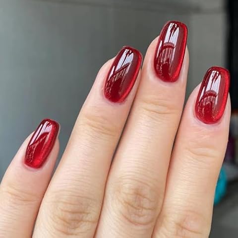 DMQ Red Glitter Cat Eye False Nails Cover