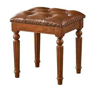 Vanity bench stool with leather cushion vanity chair with solid wood carving legs for bedroom makeup room living room easy assembly brown  urban country home decor