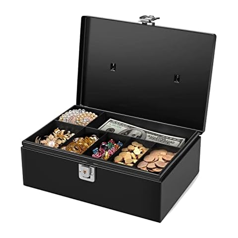 Flexzion Cash Box with Money Tray and Lock - Metal Money Box for Cash Storage with Secure Latch Lock & Key, Black Petty Cash Box with 7 Compartment Money Tray for Small Businesses, 11x7.7x3.5 Inches Cover