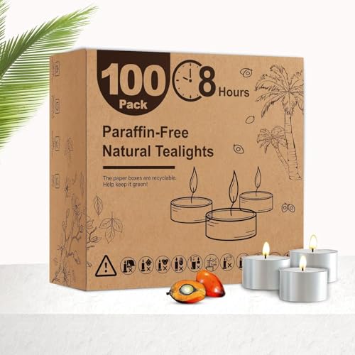 Ashlux Teelichter 100 Stück 8 Stunden Brenndauer natürliches Palmölwachs paraffinfrei weiß rußfrei & tropffrei für Hochzeit Muttertag Party Abendessen & Meditation