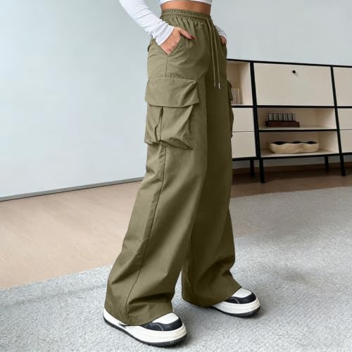 Women Y2K Cargo Pants Baggy Elastic High Waist Parachute Pants Plus Size Casual Going Out Hiking Straight Trousers Army Green - image 5
