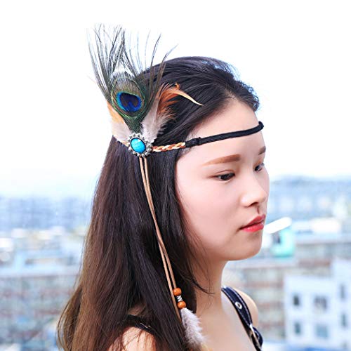 Kakaco Indian Feather Headbands Peacock Hairband Boho Elastic Headpieces Festival Costume Hair Accessories for Women and Girls