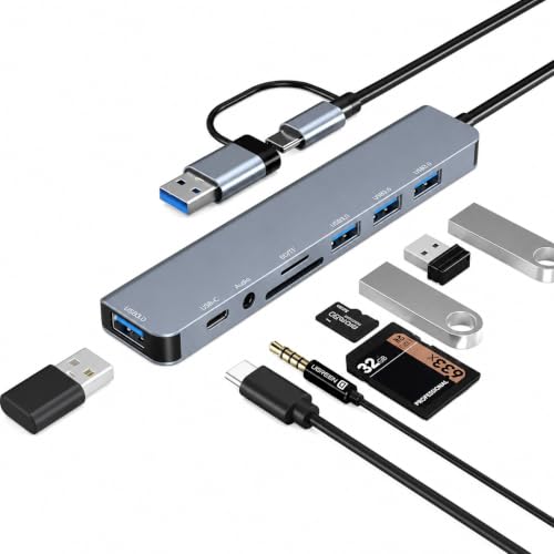 Image of Mport 8 Plus Dual Plug 8-in-1 USB Hub Docking Station with USB 3.0, AUX, SD Card Reader, Type-C Data, USB 2.0, Type-C & USB for Laptop, Mac, PC (Grey)