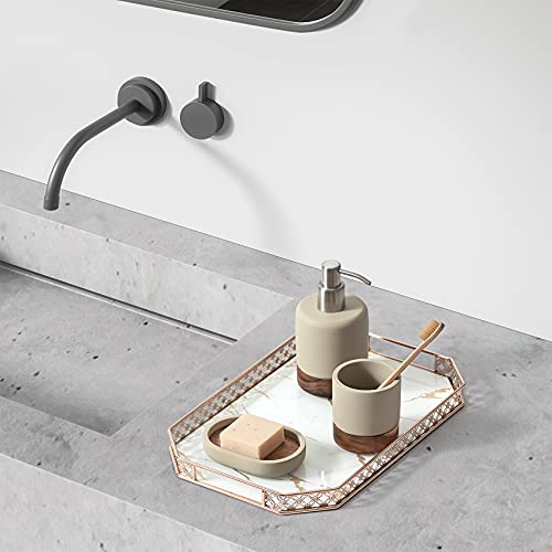 Lunavita Bathroom Accessories Set 3 Piece Bath Ensemble Includes Soap Dispenser, Tumbler, Dish For Decorative Countertop & Housewarming Gift (Concrete With Acacia Wood) #TOP4