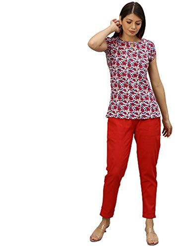 Image of Yash Gallery Women's Regular Fit Mid Rise Solid Cotton Slub Ankle Length Regular Trouser Pant
