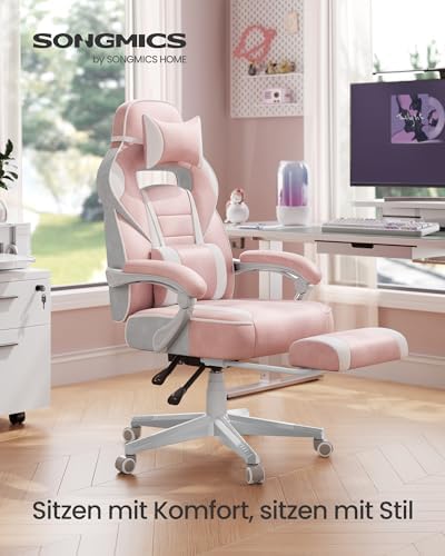 Bild 3 - SONGMICS Gaming-Stuhl, Bürostuhl mit Fußstütze, Schreibtischstuhl mit Kopfstütze und Lendenkissen, höhenverstellbar, ergonomisch, bis 150 kg belastbar, pastellrosa OBG073P01