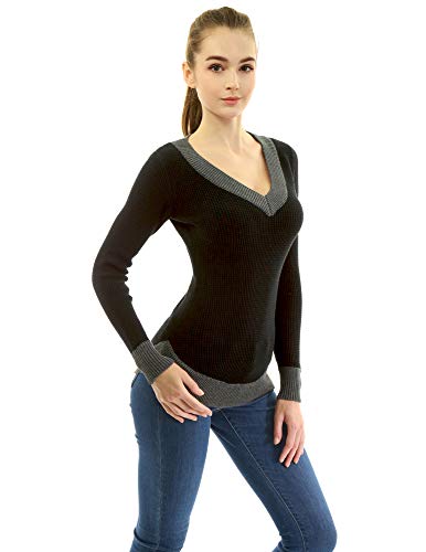 Amélieboutik Women Cotton Blend V Neck Color Block Long Sleeve Curve Hem Sweater (Black And Gray Medium) #TOP1