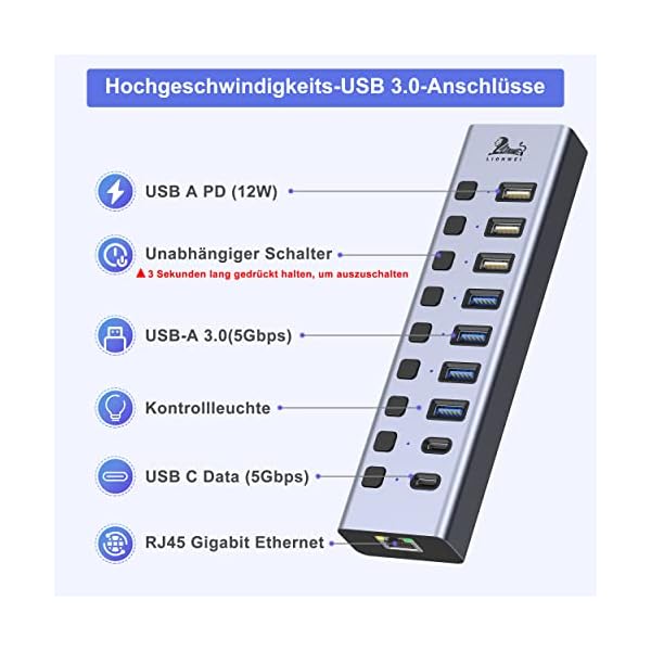 Aluminium USB Hub Aktiv 3.0 mit Netzteil, 10-IN-1 Anschluss USB C Hub, DC 60W (5V/12A) Verteiler zum Laden und zur… – Bild 3