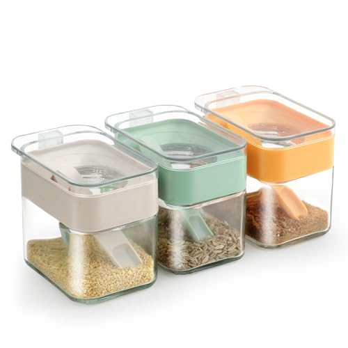 SHAIDOJIO 3 Piezas Botes Especias Transparente, Botes Especias Cristal, Frascos Especiarias con Tapa y Cuchara, Botes para Especias Sellados, Botes para Especias Cocina para Azúcar Sal-3 Colores