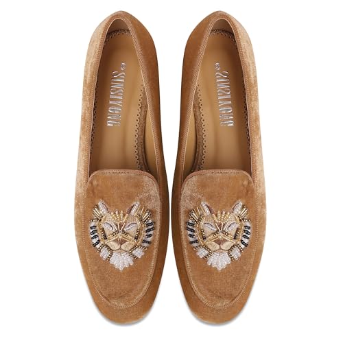 Image of Embroidered Loafers for Women Round Toe Chunky Heel Velvet Flats with Lion Head Pattern Wide Width Dress Casual Shoes