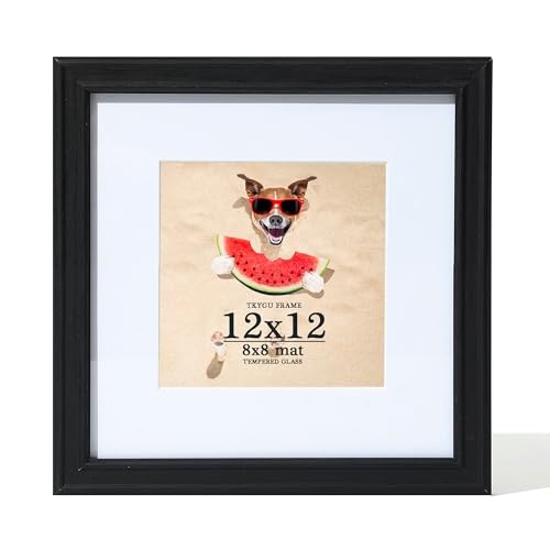 TKYGU 12x12 Picture Frame Black, Display Pictures 8x8 with Mat or 12x12Without,Real Glass with Square 12 by 12 Studio Gallery Wooden Frame for Wall or Tabletop,Home Decor Gifts