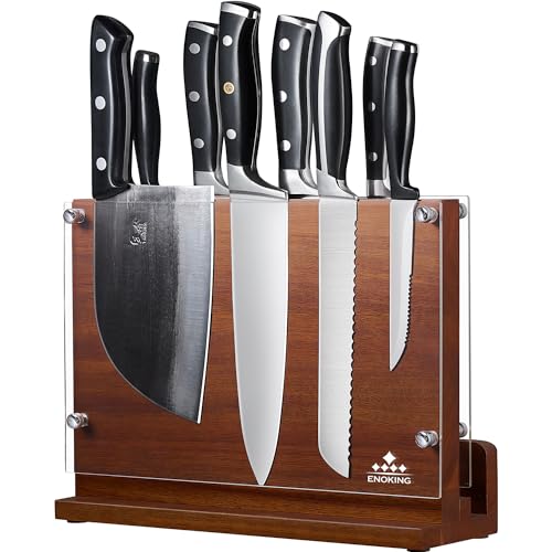 ENOKING Spitzenklasse Plus Messerblock Magnetisch, Magnetischer Messerblock mit Schutz, Hochwertiges Magnet Messerhalter, Akazienholz-Messerbrett mit Doppelseitiger Starken Magnet für bis zu 14 Messer