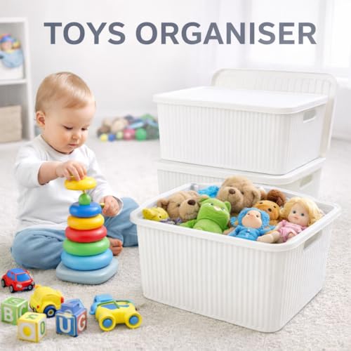 Image of Plastic Storage Box with Lid - Large Stackable Organizer Storage Box for Clothes, Toys, Kitchen - Big Size Plastic Storage Container Basket for Home, Office, Bathroom(Large,Pack of 2,White)