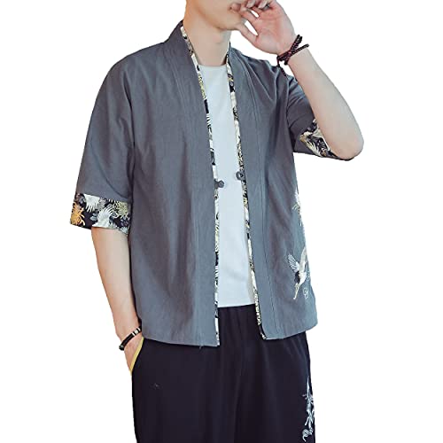 Image of PRIJOUHE Men's Kimono Jackets Cardigan Lightweight Casual Cotton Blends Linen Seven Sleeves Open Front Coat Outwear