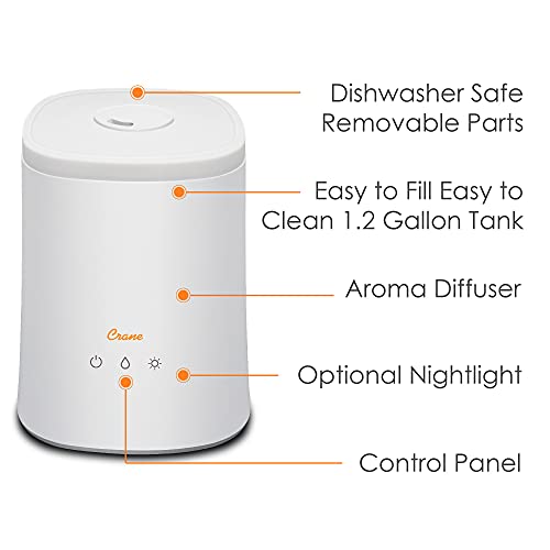 Crane Diffuser And Top Fill Ultrasonic Air Humidifiers For Bedroom And Office, 1.2 Gallon Cool Mist Humidifier For Large Room And Home, No Humidifier Filters Needed, White #TOP2
