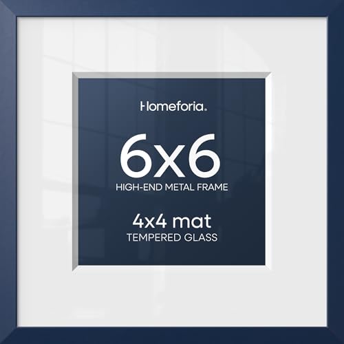 Image of Homeforia 6x6 Frame Navy Blue, High End Metal 6 x 6 Square Picture Frames with Mat 4 by 4 Art, 6x6 Photo Frame Matted to 4x4 inch Print, 6by6 Wall or Tabletop Frames, Tempered Glass, Wall Kit, Set of 1