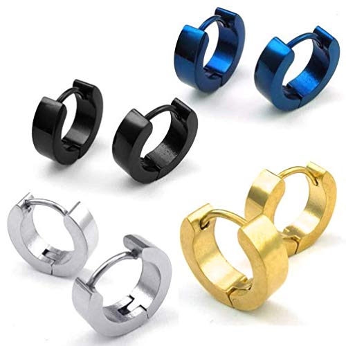 BodyJ4You 8PC Earrings Hoop Huggie Hinged Ring Men Women Unisex Black Blue Goldtone Steel Jewelry