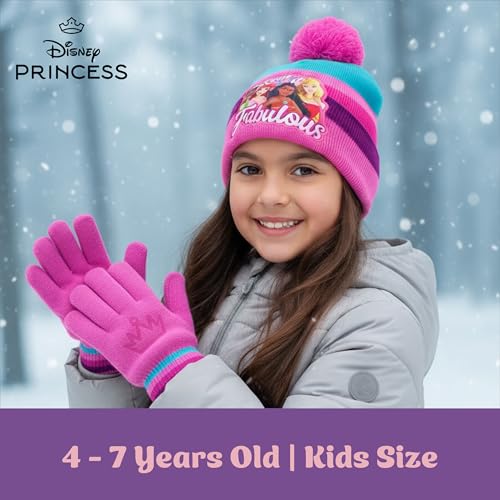 Disney Girls Winter Hat with Knit Gloves and Insulated Ski Glove Set, Princess For Ages 4-7 5