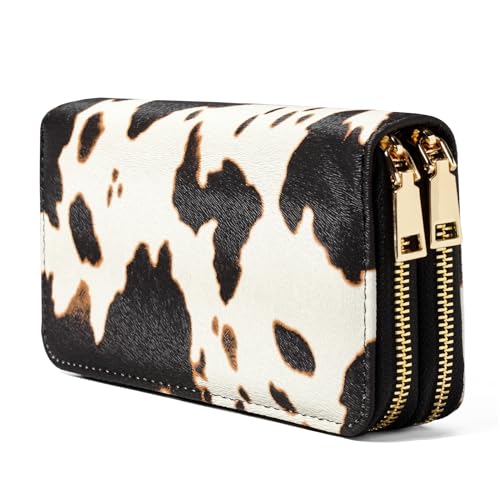 Cow Print Wallet for Women,Western Highland Cowhide Purse Zip Around Walles Cow Stuff Gifts for Ladies Brown