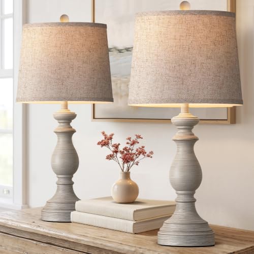 Image of PARTPHONER Traditional Table Lamp Set of 2, Rustic Farmhouse Table Lamps for Living Room Bedroom, 27 inch Bedside Desk Lamps Vintage Nightstand Lamps with Linen Shades, Antique Grey