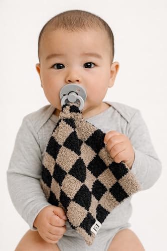 Image of L+L USA Checkered Baby Lovey Pacifier /Teether Holder 10 inchx10 inch - DreamSoft Plush Fluffy Cuddly Soothie Reversible Mini Comfort Blanket - Cute Newborn Gift Essential for Babies Boys Girls (Black /Brown)