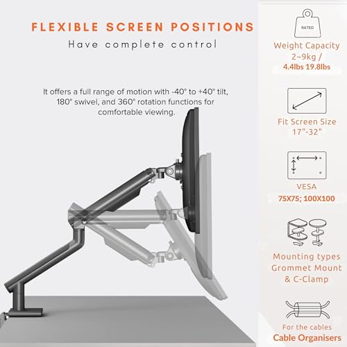 Image of Artikel Single Monitor Desk Mount | Adjustable Heavy Duty Monitor Arm | VESA Mount with C Clamp & Grommet Mounting Base | Computer Monitor Stand (Grande Metallic, Single)
