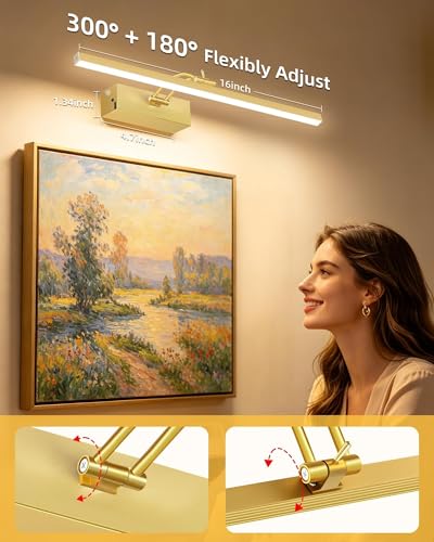 Image of 16inch Picture Lights for Wall, 5200mAh Battery Operated Art Light with Remote, Dimmable 6 Color Temperature Metal Lights for Pictures On Wall for Living Room Bedroom Hallways Gold 2 Pack