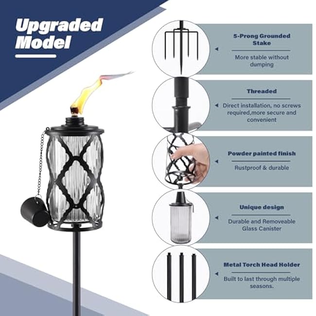 6 Pack Gray Glass Garden Torch,59-Inch Outdoor Torch Garden D¨¦cor, Upgraded 16 oz Citronella Torches with 5-Prong Grounded Stake,Metal Light Torches for Party Patio Pathway