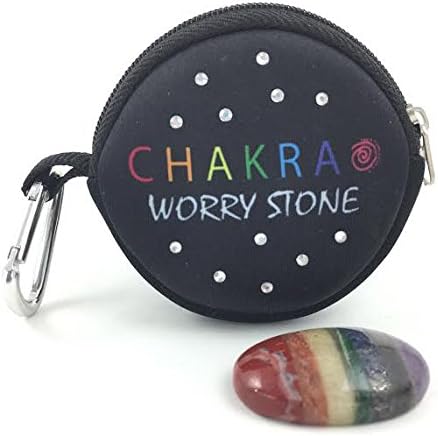 Chakra Worry Stone- 7 Bonded Chakra Palm and Thumb Stone Meditation Rainbow Stone with Clip-On Neoprene Carry Bag