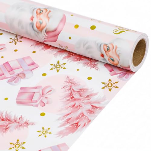 WRAP STORM Pink Christmas Wrapping Paper 1 Roll 17 x33ft Gift Wrap Paper with Trees & Presents Design Cute Holiday Decor Idea