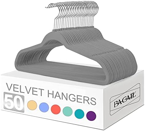 BAGAIL Velvet Hangers,Non Slip Notched Coat/Suit Hangers,Heavy Duty Space Saving Clothes Hangers with 360 Degree Swivel Hook (Grey, 50 Pack)