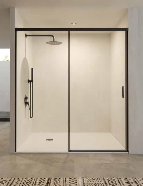 Mice - Mampara de Baño Frontal / 1 Panel Fijo + 1 Puerta Corredera/Mampara de bañera/Cerramiento de ducha/Mampara corredera con perfilería de aluminio color Negro mate/Medida 100 x 195 cm