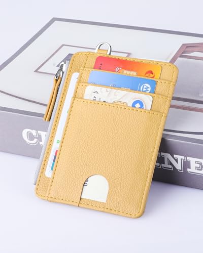 Image of Teskyer Slim RFID Wallet for Women, Small Card Holder with Zip Pocket, Yellow, 3.5 inch x 4.7 inch, Minimalist | Zip Pocket for Cash Coin, 1 ID Window & 7 Card Slots, Ultra Slim Design, D-Ring for Neck Lanyard, for Daily Carry and Travel