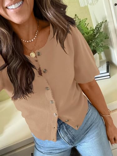 Image of BeautyNee Puff Sleeve Cardigans for Women Crew Neck Lightweight Summer Shirts Button Down Knit Shrug Sweater Tops