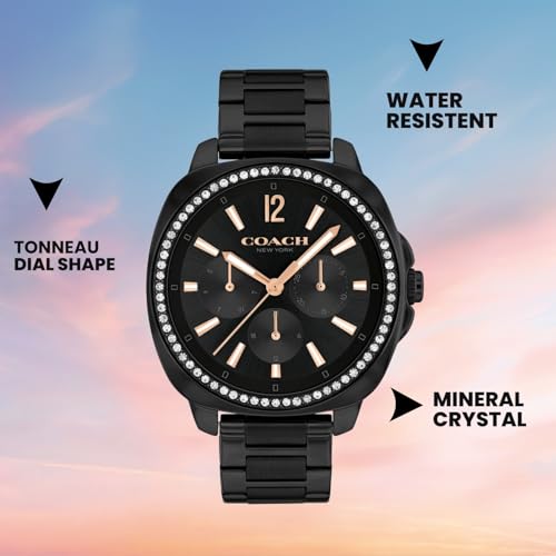 Image of Coach Kitt Qtz Multifunction Black Tonneau Dial Women's Watch|Ionic Plated Black Steel Material|Black Color Band - 14504396