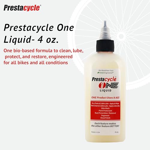 Image of Prestacycle One Liquid, Bike Chain Lubricant and Cleaner, All-in-One Bicycle Lube, Degreaser, Paint Protectant, Metal Polish & Rust Remover, Without Alcohol or Petroleum