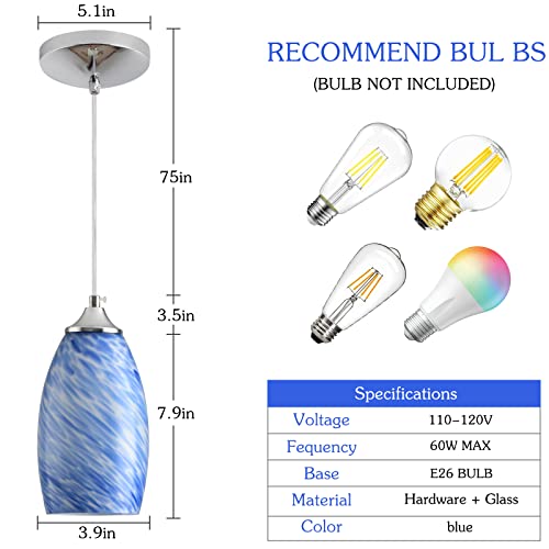 Blue Pendant Lights 2 Pack, Pendant Lighting for Kitchen Island with Handcrafted Art Glass, Chrome Finished Hanging Light Fixture with Adjustable Cord for Kitchen Dining Room Living Room Hallway - Image 6
