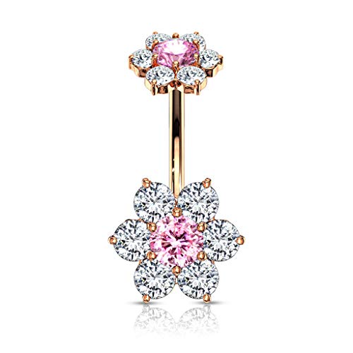 PSUM Unisexo Piercing En El Ombligo Flor Acero Inoxidable Latón Rose Chapado En Oro Circonita Claro Rosa 1.6mm x 10mm HBJ-NIS02-RDCP Cover