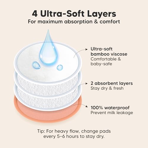Image of Organic Nursing Pads - 14 Washable Breast Pads for Breastfeeding, Wash Bag, Viscose Derived from Bamboo Reusable Nipple Covers for Breastfeeding Essentials, Soft & Absorbent (Sweetheart, L 5 inch)
