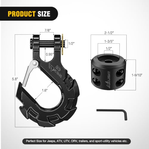 Image of Nilight Forged Steel Winch Hook 3 /8 inch Grade 70 Safety Latch Winch Cable Hook Stopper & Clevis Slip Hook Sets, Included Allen Wrench,Max 35,000 lbs,Black