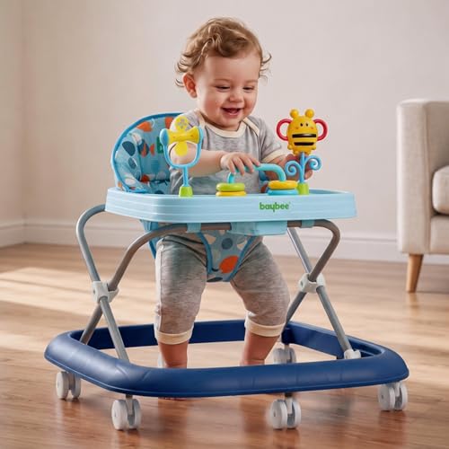 Image of Baybee Stepzilla Baby Walker for Kids | Foldable Activity Walker with 3-Level Height Adjustment, Soft Cushion Seat, Smooth Wheels & Toy Bar | Baby Walker for 6-18 Months Boys & Girls (Blue)