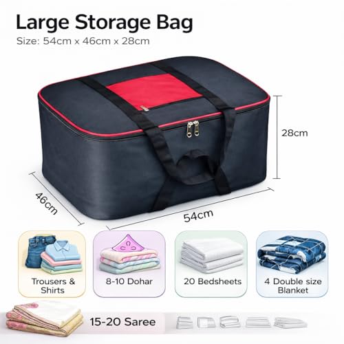 Image of RADIANT Nylon Big Underbed Storage Bag Moisture Proof Cloth Organiser with Zippered Closure and Handle(BlackRed, 54x46x28cm) (Rectangular) (Pack of 2)