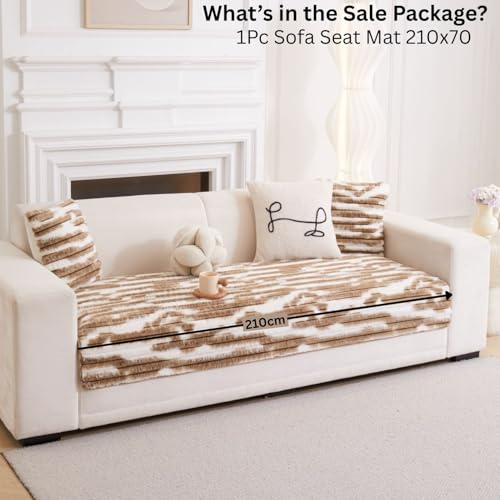 Image of HOMETHREADS 600GSM Thick & Soft Rabbit Fur Plush Sofa Cover-Luxurious Cozy Slipcover, Washable & Pet-Friendly, Anti-Scratch Protector for Sofas (Faux Linning White Brown, 4 Seater | 210x70cm)