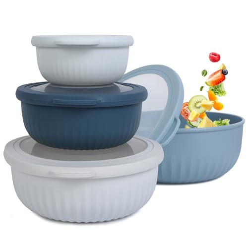 Cozary Lot de 4 Bols Mélangeurs avec Couvercle (400ML, 780ML,1400ML, 2200ML), Saladier Plastique, Saladiers Emboîtables pour le Service, la Cuisson et la...