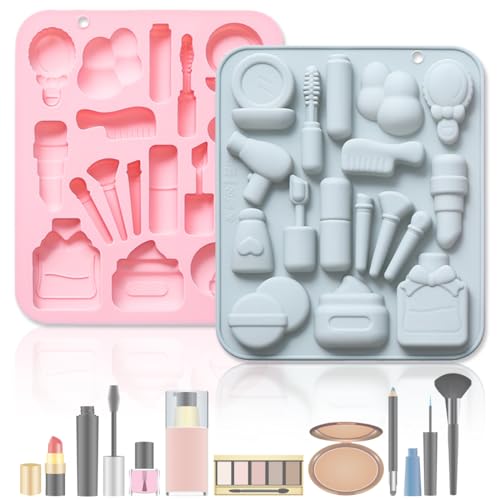 Paquete de 2 moldes de silicona temáticos, 17 cavidades para pintalabios 3D para pintalabios, perfume, brochas de maquillaje, cosméticos, bandeja de silicona, herramientas para hornear para chocolate,