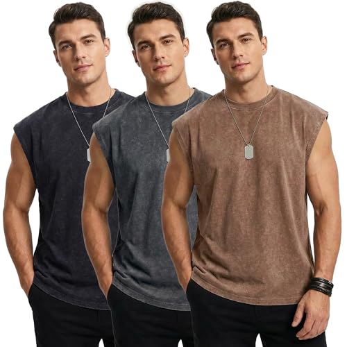 Sleeveless Shirts for Men 3 Pack Oversized Muscle Vintage Washed Tank Tops Heavyweight Cotton Gym Workout Tees