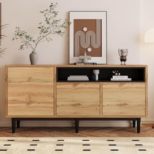 KOMHTOM Buffet Moderne en Grain de Bois, Armoire de Rangement à 3 Portes et Compartiment Ouvert, Noir, Multifonction pour Salon, Chambre à Coucher, Cuisine...